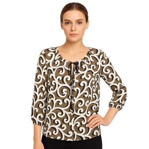 Diane Von Furstenberg| Size 0 Taupe and White Cotton and Silk Blouse Tie Neck